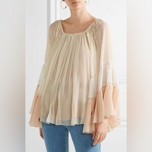 NWT $2595 Chloé Silk Off Shoulder Bell Sleeve Top Cream Pink Beige 34